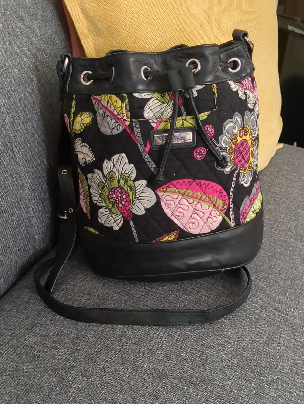 Vera Bradley Black Quilted Floral Drawstring Crossbody with Pink & Green Accents